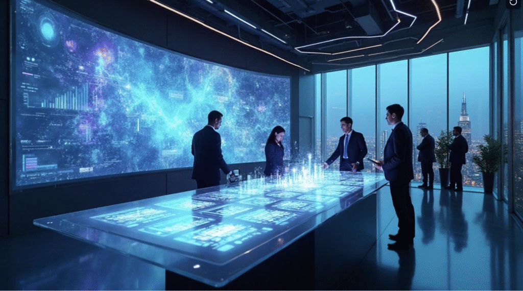 Business professionals collaborating in a modern office with digital screens showing marketing analytics and strategy, representing the Best Digital Marketing Agency.